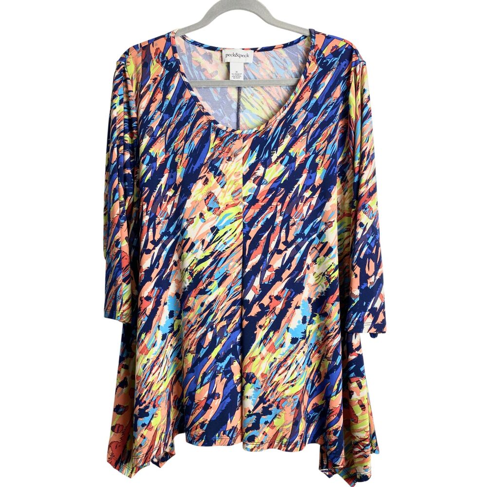 Peck & Peck Tunic Top XL Bright Abstract Handkerchief Hem Asymmetric Stretch Top